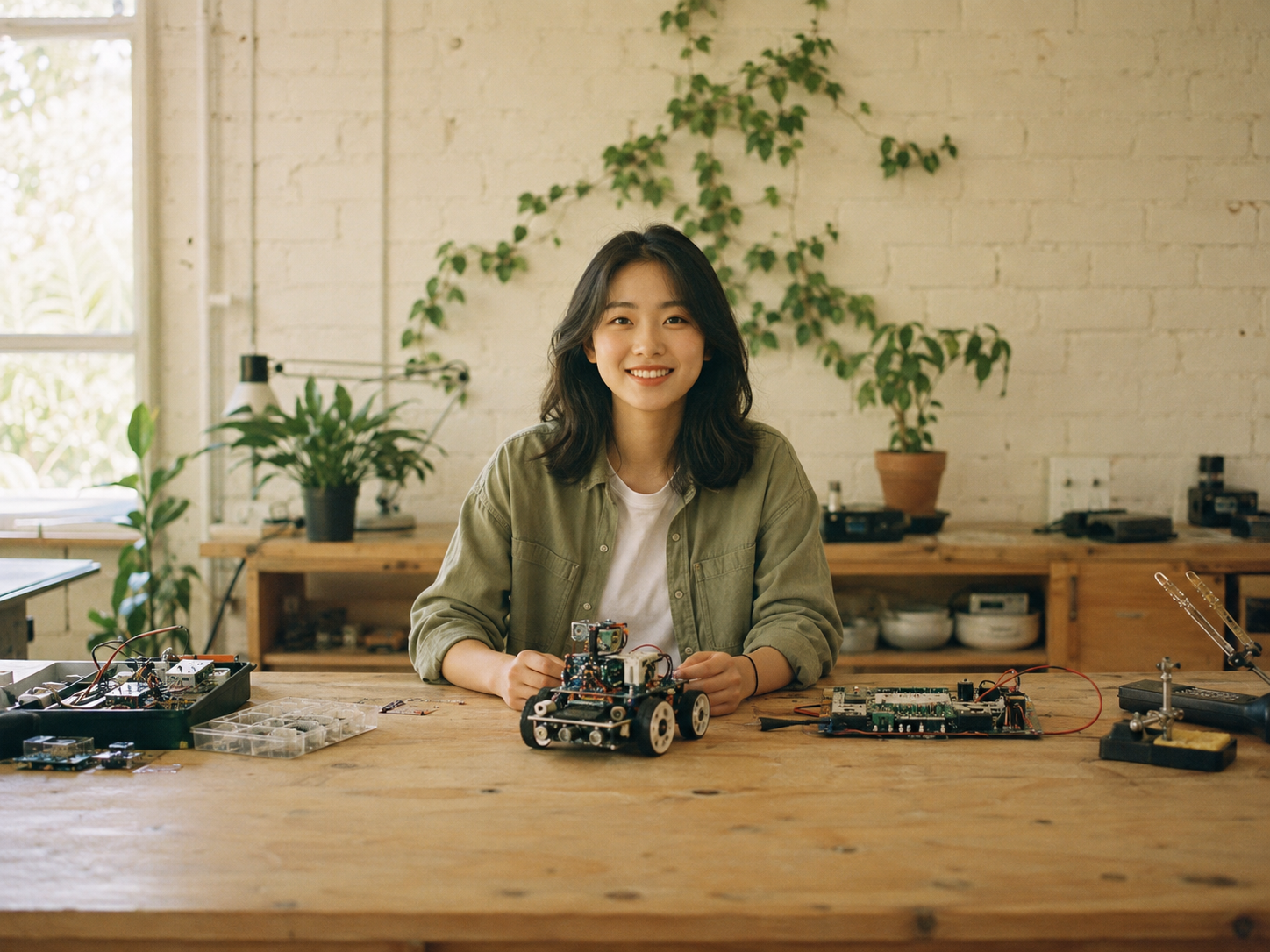 A student at a robotics workshop with her tabletop robot