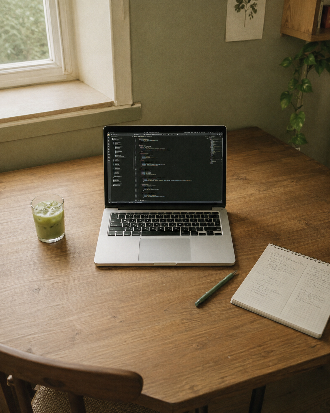 A fully visible laptop centered on a wooden desk beside matcha and a notebook