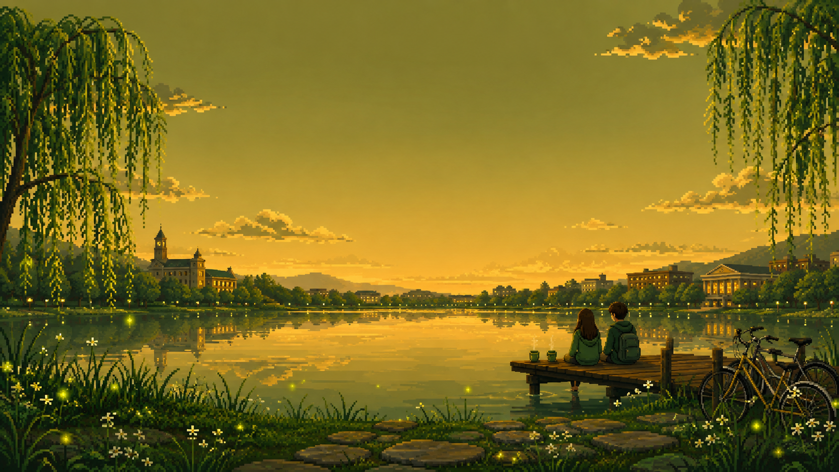 Two students sitting on a dock beside a quiet campus lake at sunset